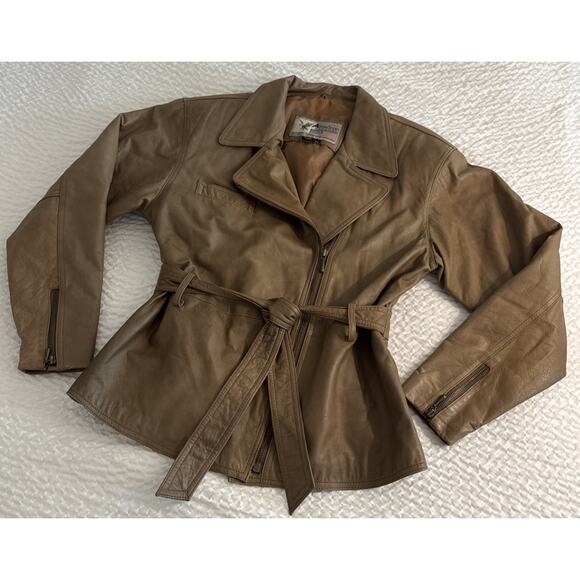 Camel Colored Leather Short Belted Trench Coat American Leather Ladies Size L - Picture 1 of 16